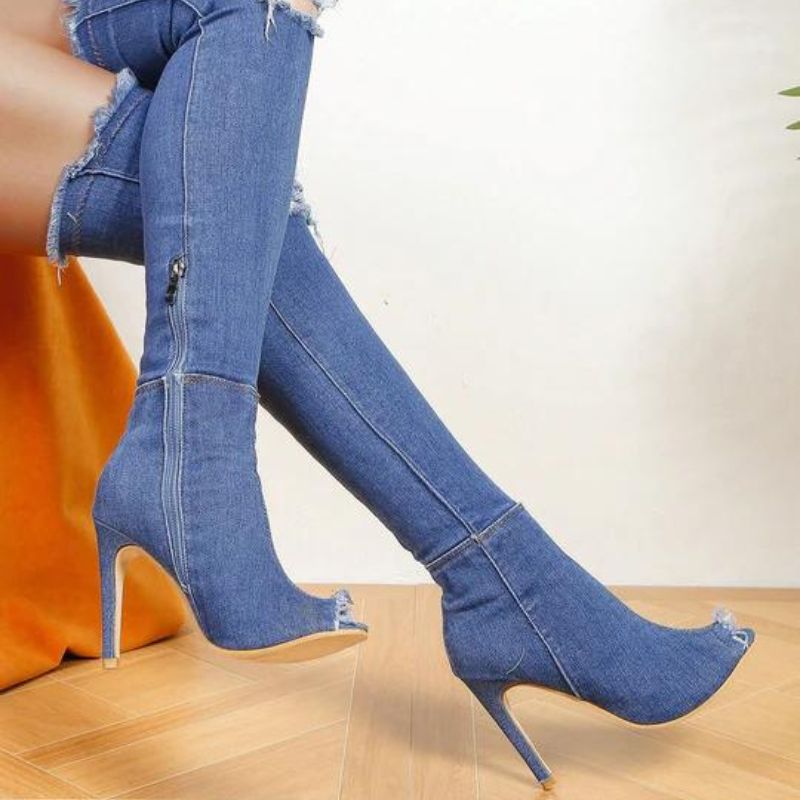 Alexandra-1 | Schicke Jeans-Stiefel mit Absatz und Spitzendetail