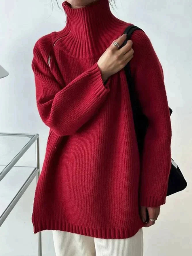 Scarlette | Roter einfarbiger Pullover mit hohem Halsausschnitt