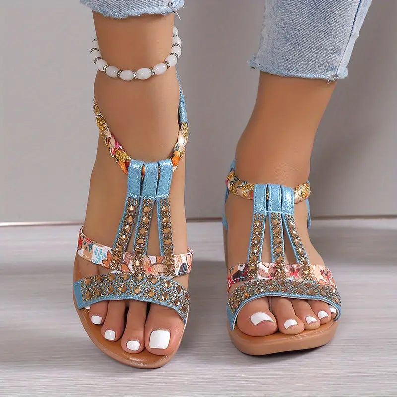 Inka | Boho Glam Strass geflochtene Keilsandalen