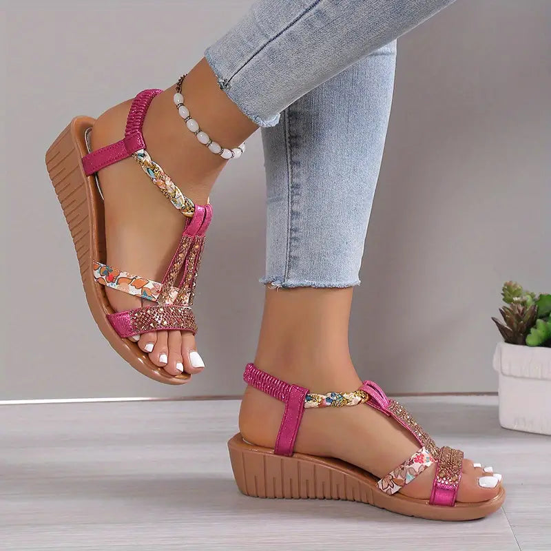 Inka | Boho Glam Strass geflochtene Keilsandalen