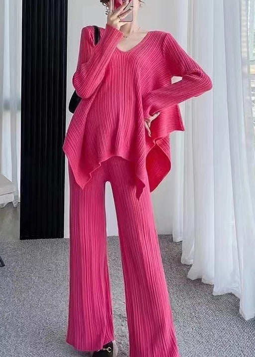 Lidia Lose Rose V-Ausschnitt Asymmetrische Patchwork Baumwolle stricken Zwei Stücke Set Herbst