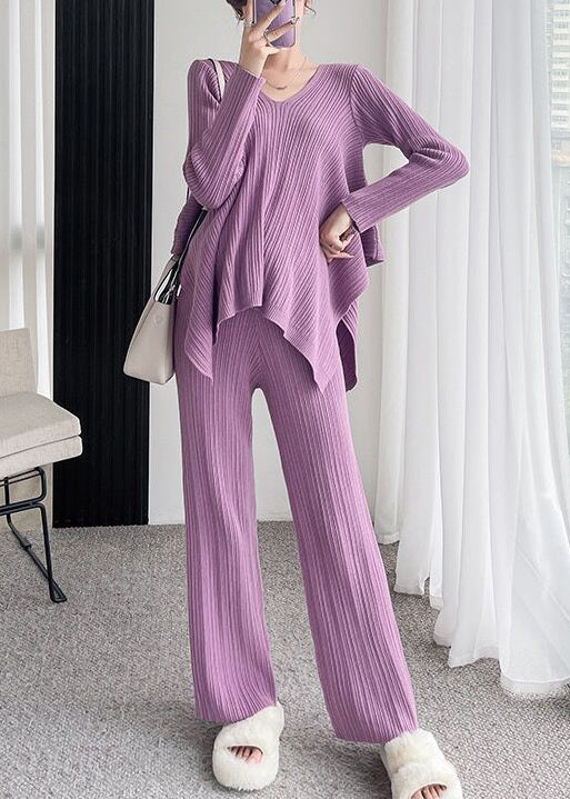 Lidia Lose Rose V-Ausschnitt Asymmetrische Patchwork Baumwolle stricken Zwei Stücke Set Herbst