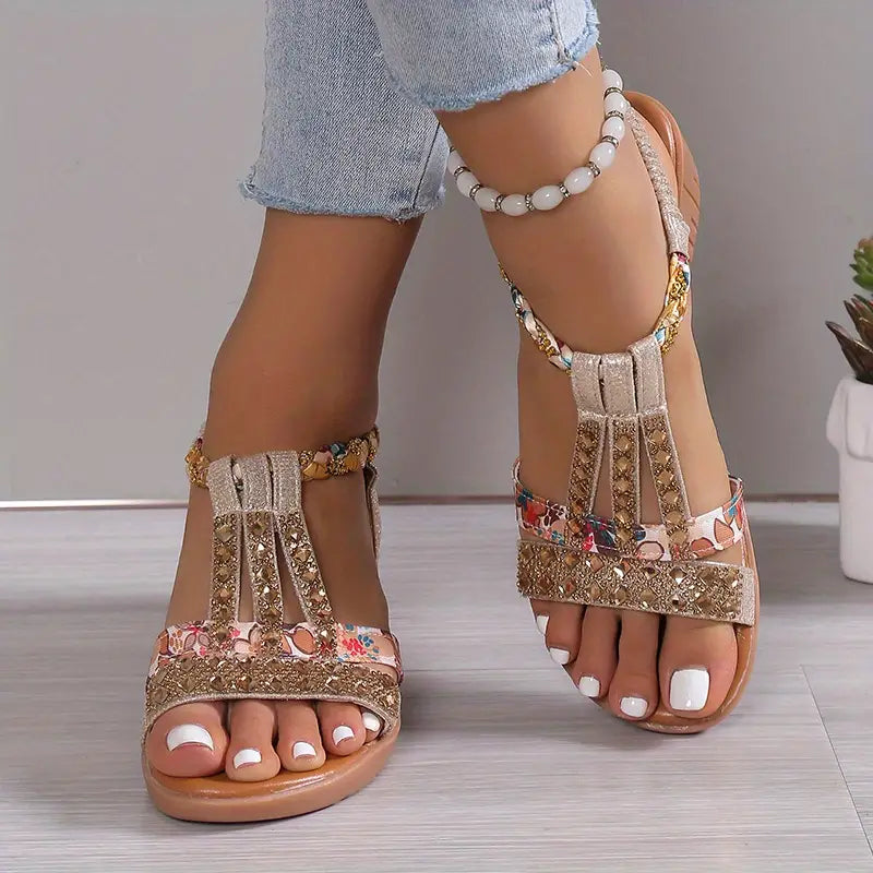 Inka | Boho Glam Strass geflochtene Keilsandalen