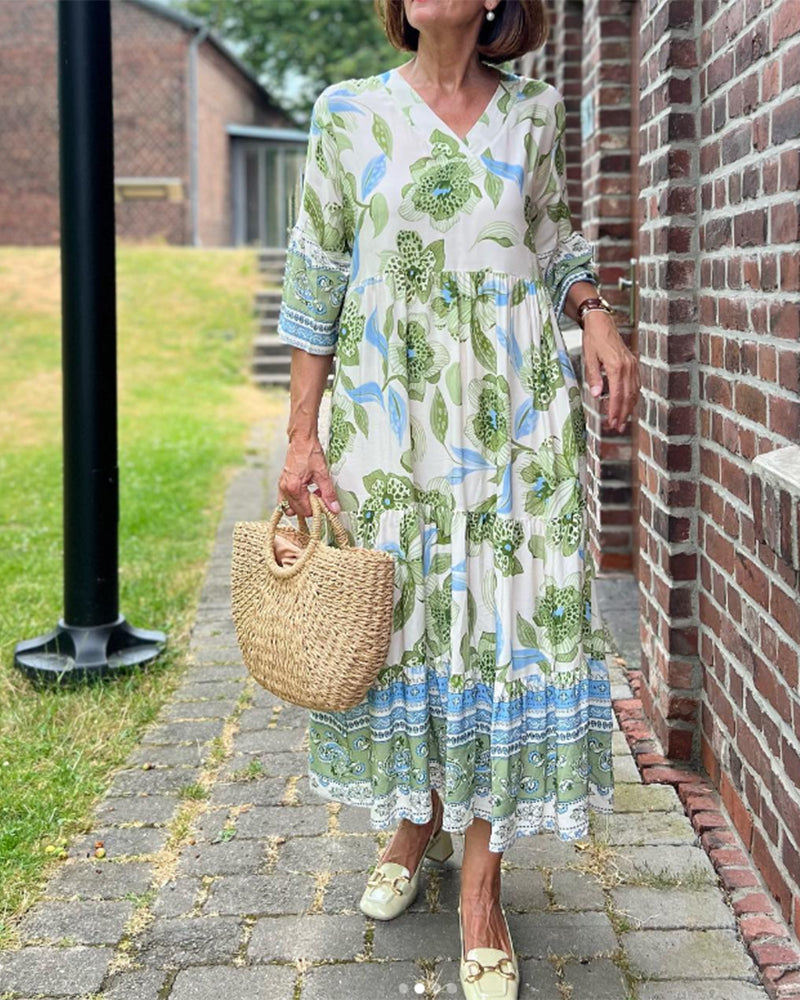 Charmantes | A-Linie Midi-Kleid mit Blumenmuster und 3/4 Ärmeln - Ideal für den Alltag und den Urlaub