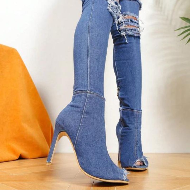 Alexandra-1 | Schicke Jeans-Stiefel mit Absatz und Spitzendetail