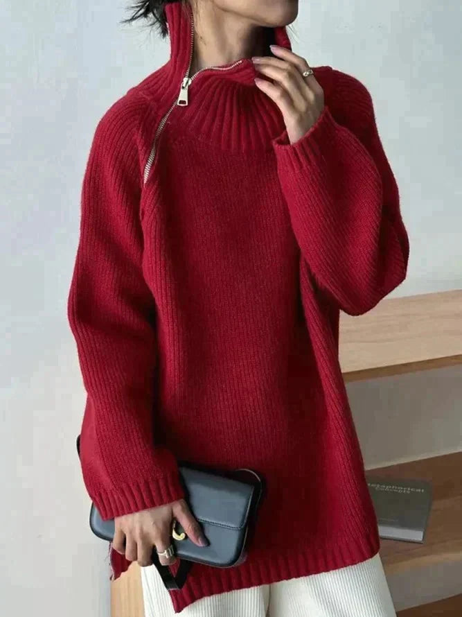 Scarlette | Roter einfarbiger Pullover mit hohem Halsausschnitt
