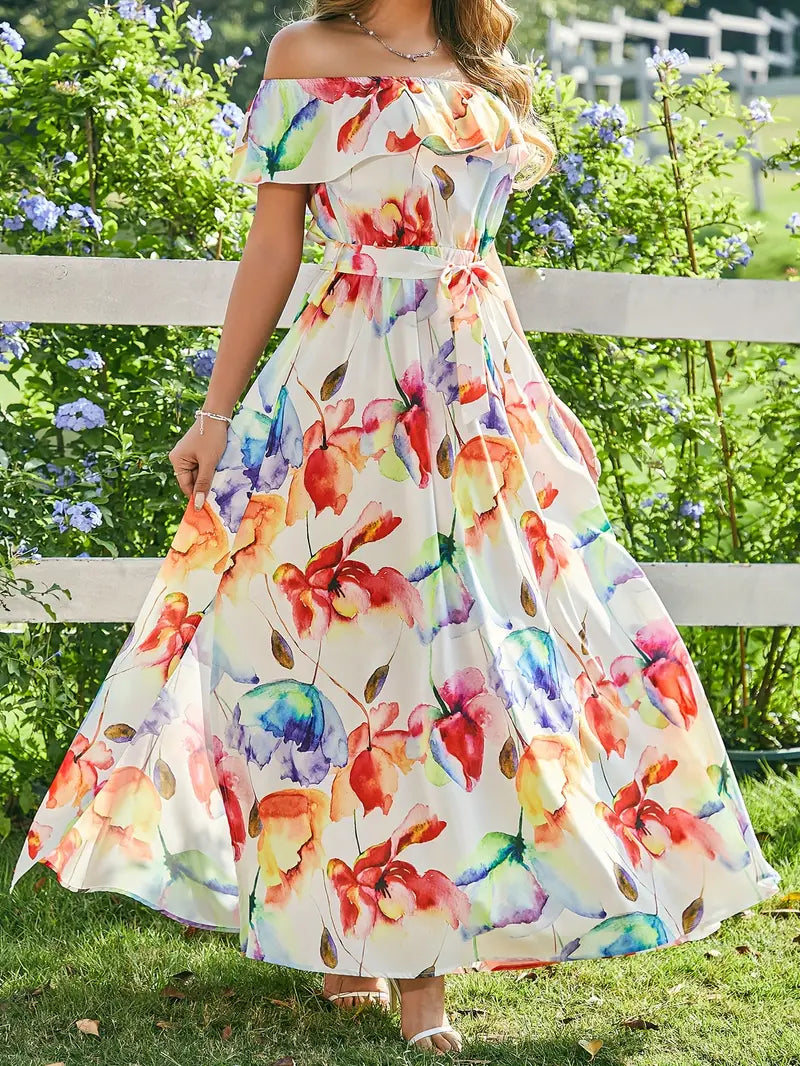 Berinda | Elegantes schulterfreies Kleid mit Blumendruck und Gürtel