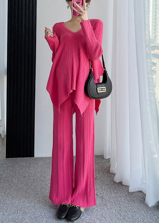 Lidia Lose Rose V-Ausschnitt Asymmetrische Patchwork Baumwolle stricken Zwei Stücke Set Herbst