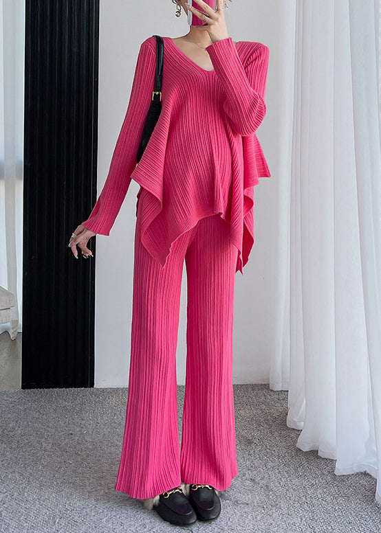 Lidia Lose Rose V-Ausschnitt Asymmetrische Patchwork Baumwolle stricken Zwei Stücke Set Herbst